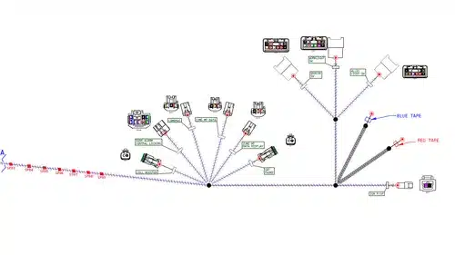 68ca650ab428a786c4f6aa93_Screenshot 2025-05-27 155906 Wiring loom schematic on a white background, featuring braided cables and multiple black connectors. Red arrows and labels, including "BLUE TAPE" and "RED TAPE", indicate specific connection points and fan-out branches.