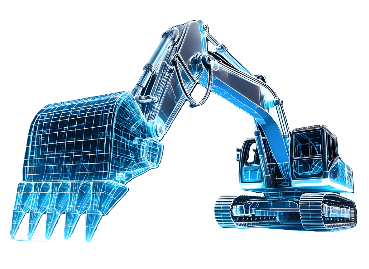 A blue, translucent 3D wireframe model of an excavator, showing its internal structure and mechanical components against a plain grey background.