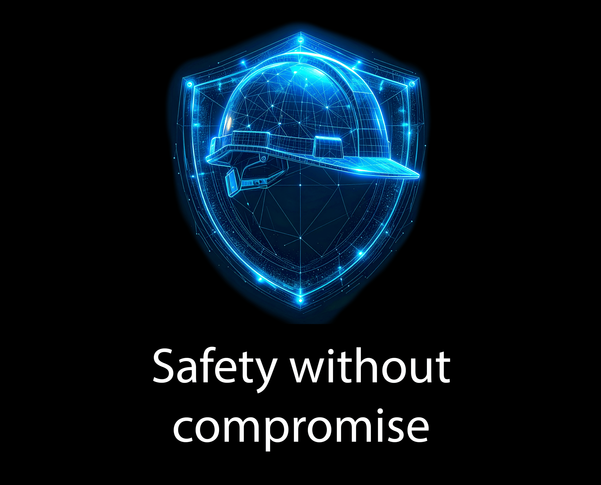 Glowing blue digital wireframe of a hard hat and shield on a black background, with the text "Safety without compromise" below.