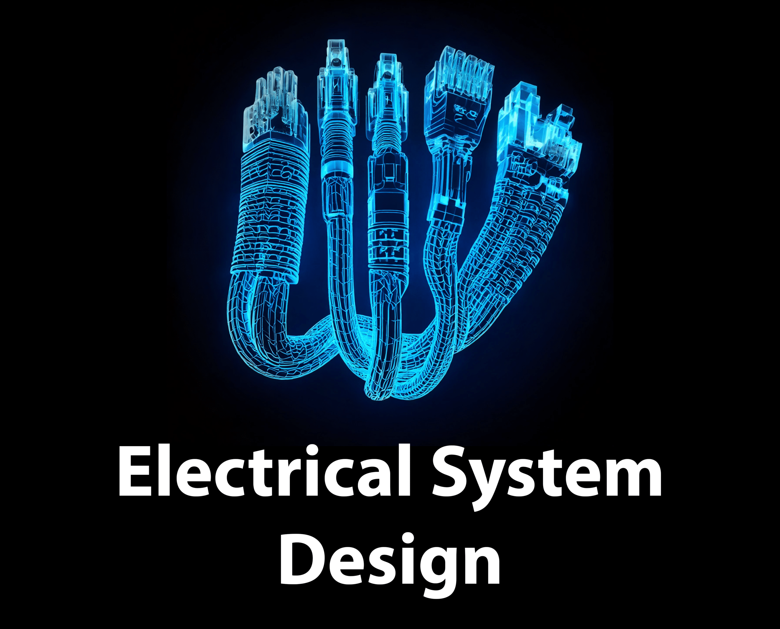 A luminous blue, wireframe bundle of cables and plugs appears against a black background, accompanied by the white text 'Electrical System Design' written below it.