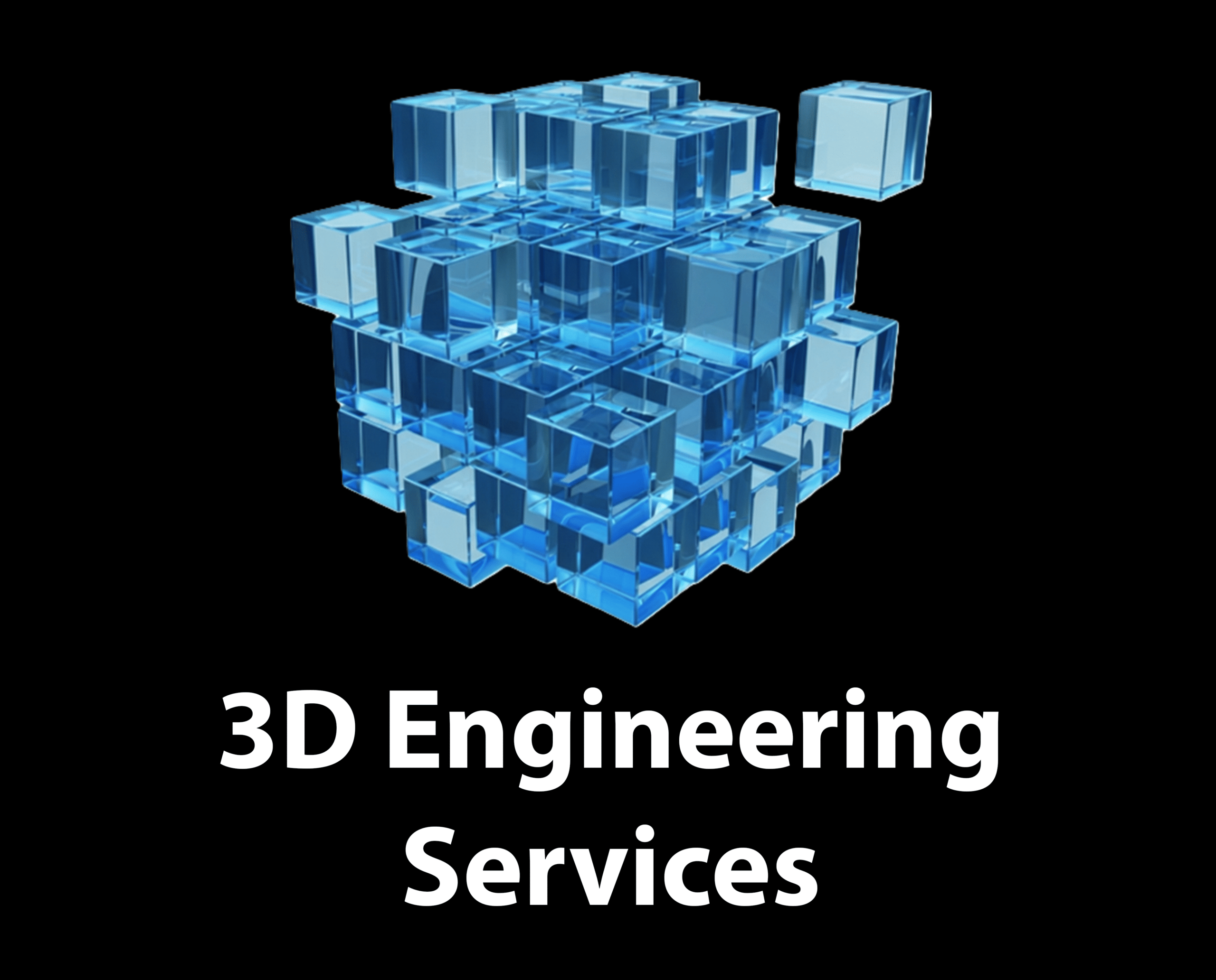 Cluster of transparent blue glass cubes forming a larger geometric structure on a black background, with the text '3D Engineering Services' written in white underneath.