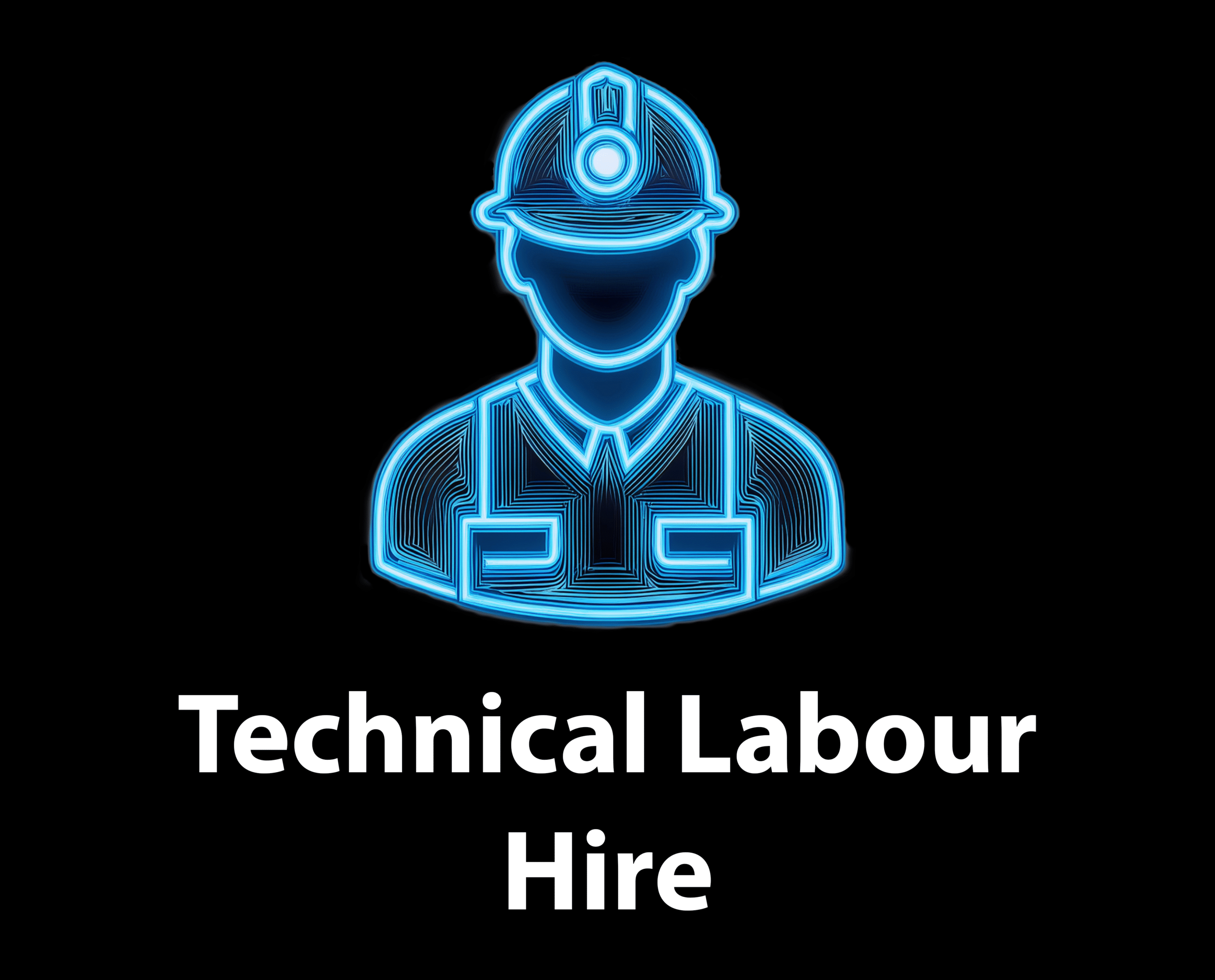 A glowing blue neon outline of a worker in a hard hat and high-vis gear, with the text "Technical Labour Hire" below it on a black background.