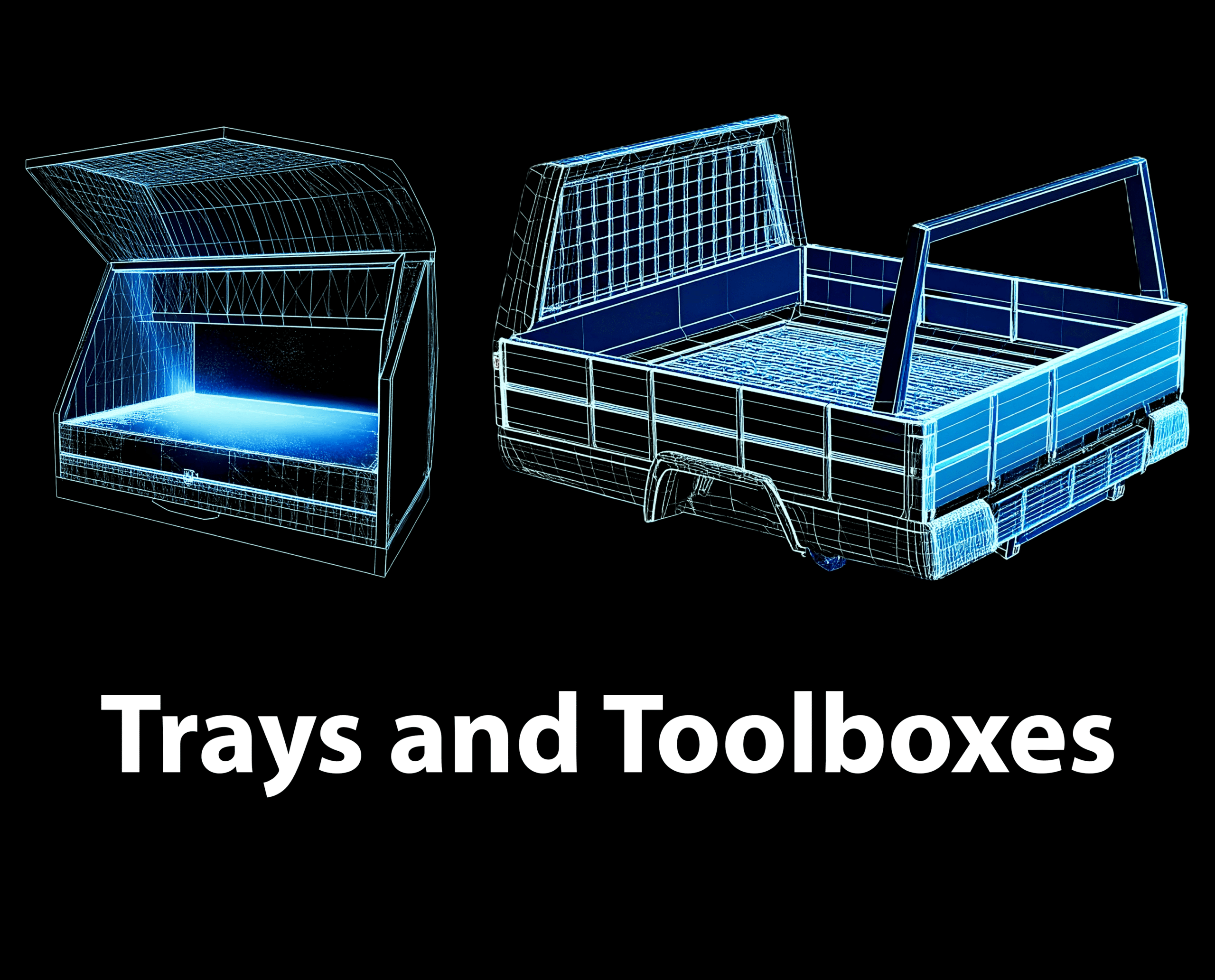 Blue wireframe illustrations of a canopy toolbox and a ute tray on a black background, with the text "Trays and Toolboxes" below.