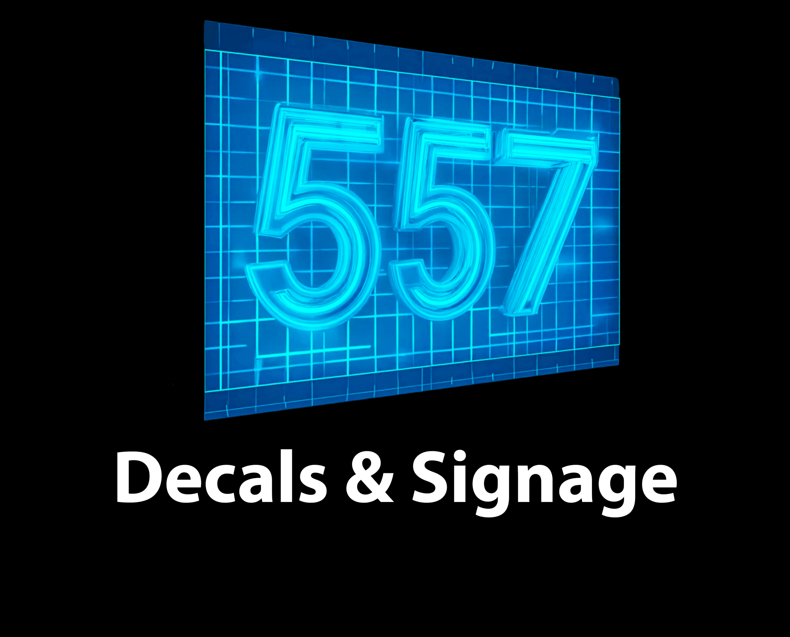 A glowing blue holographic number "557" on a blueprint-style grid against a black background. Below it is white text that reads "Decals & Signage."