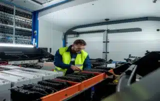 Technician inspecting industrial battery module packs inside a testing facility