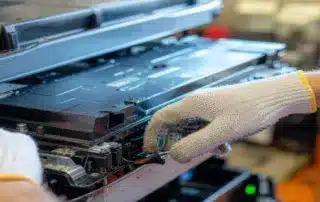 Close-up of worker assembling industrial battery cell module
