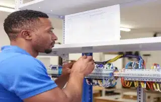 Engineer analyzing a 3D model on a dual-monitor workstation