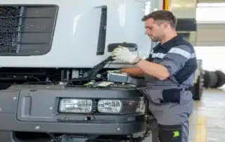 Mechanic working on the front electrical wiring of a heavy vehicle