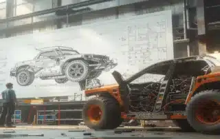 Custom vehicle frame assembly under technical blueprint in factory