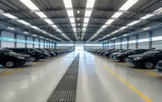Fleet of black SUVs parked inside a modern warehouse facility