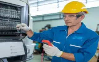 Electrical engineer using a multimeter to test a truck's front circuit system
