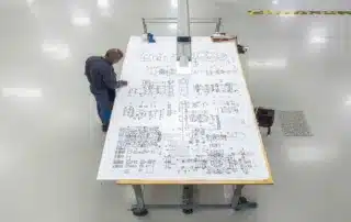 Worker assembling electrical wiring schematics on a manufacturing workbench