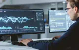 Analyst reviewing vibration data analysis waveforms to extend mining component life