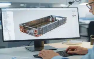 Designer reviewing a 3D CAD model of an equipment housing on screen