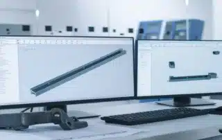 Dual monitor workstation displaying 3D CAD mechanical designs in an office