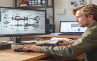 Engineer reviewing an integrated system design schematic of specialised mining machinery on a monitor