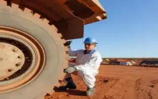 Mining technician inspecting a large haul truck tire at an open-pit mine site