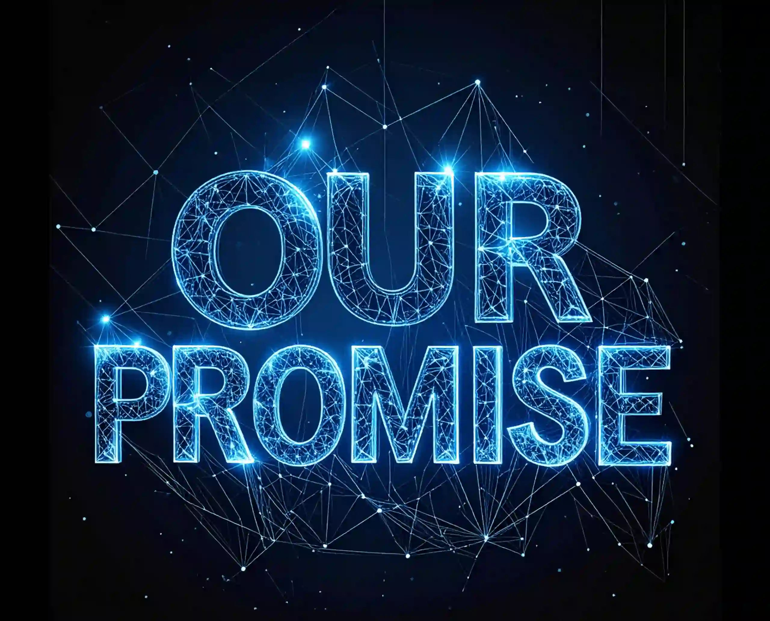 W12_D Luminous blue text, rendered as a 3D digital wireframe, reads "OUR PROMISE". It is set against a black background and surrounded by a network of glowing nodes and connected lines.