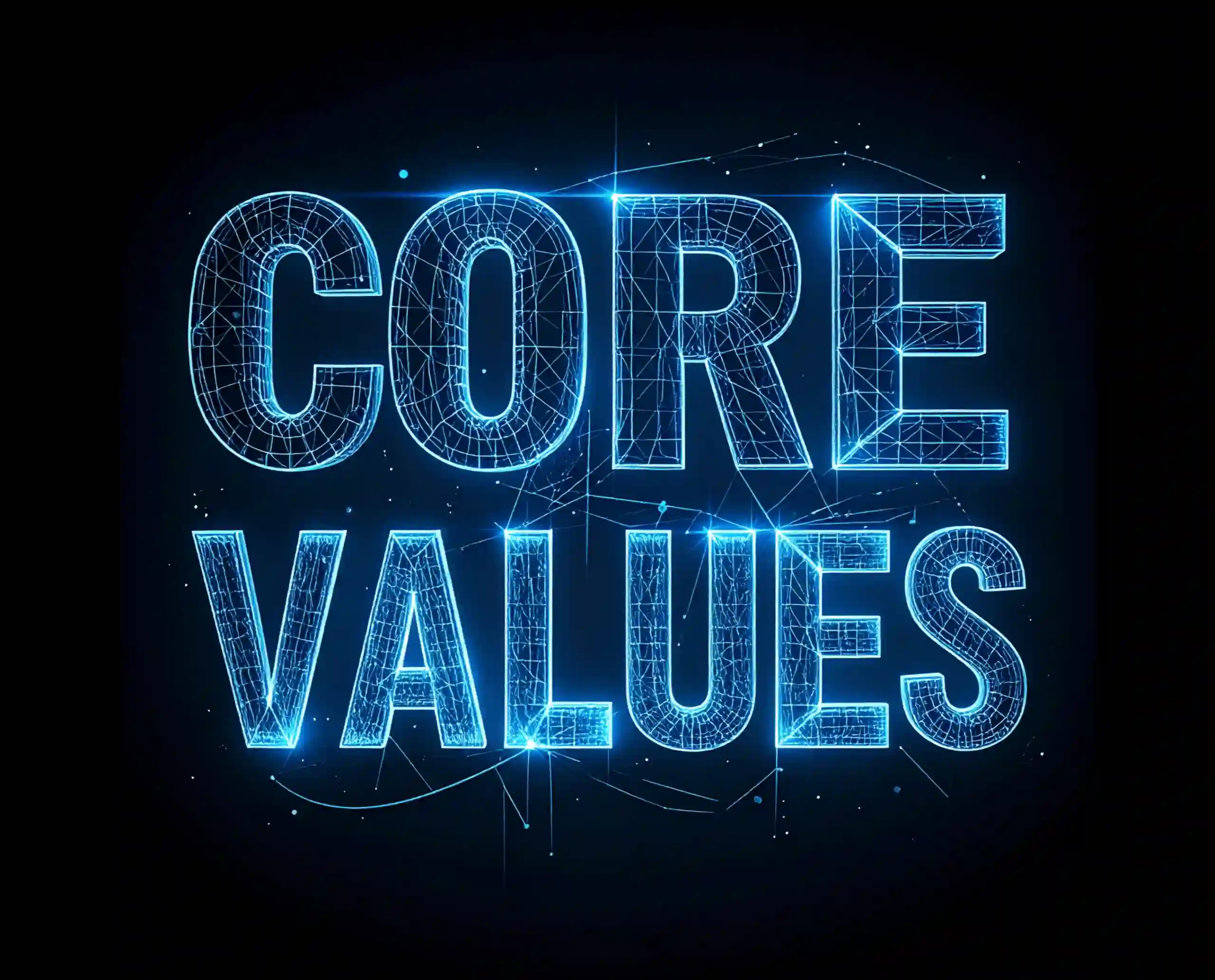 W9_D Glowing blue digital wireframe text reading "CORE VALUES" on a black background.